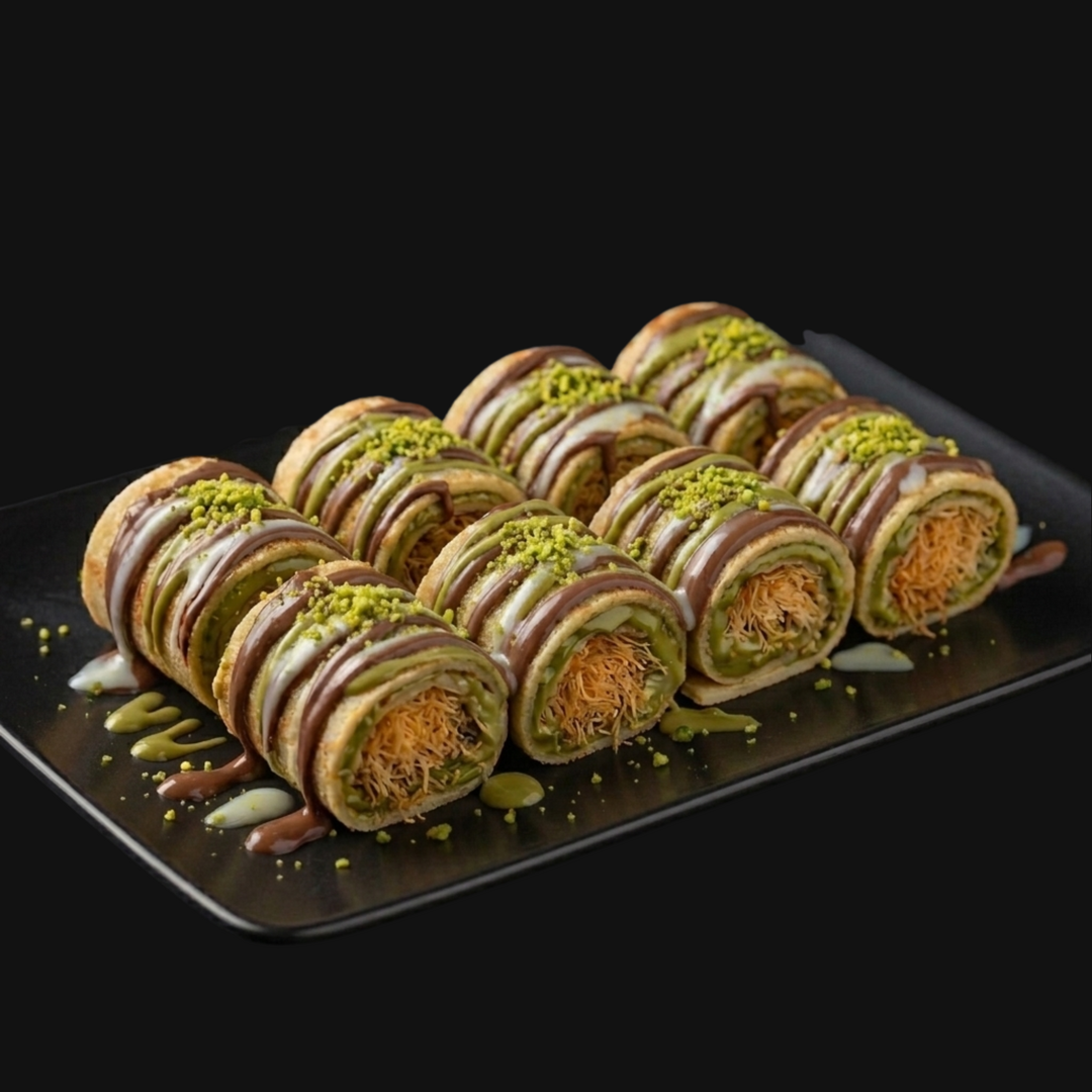 Crepe Rolls — Dubai chocolate, banana-strawberry, and Lotus Biscoff