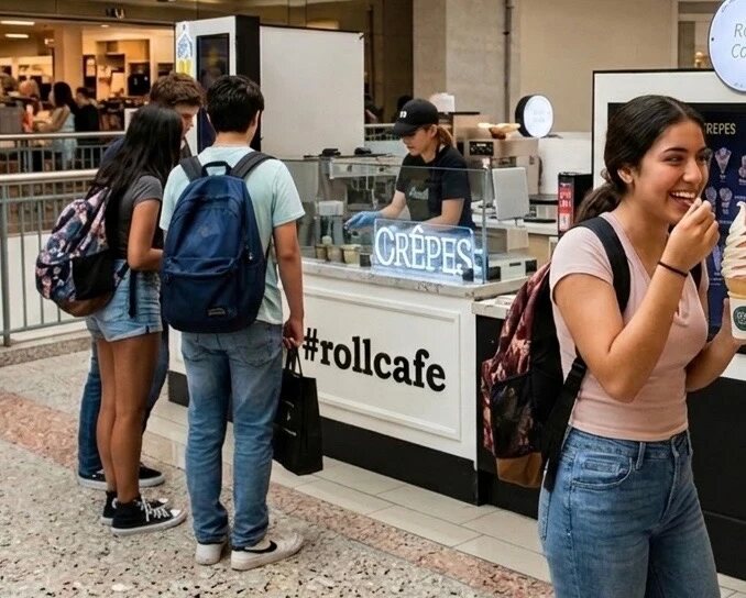 Students at the RollCafé crepe kiosk in the Glendale Galleria